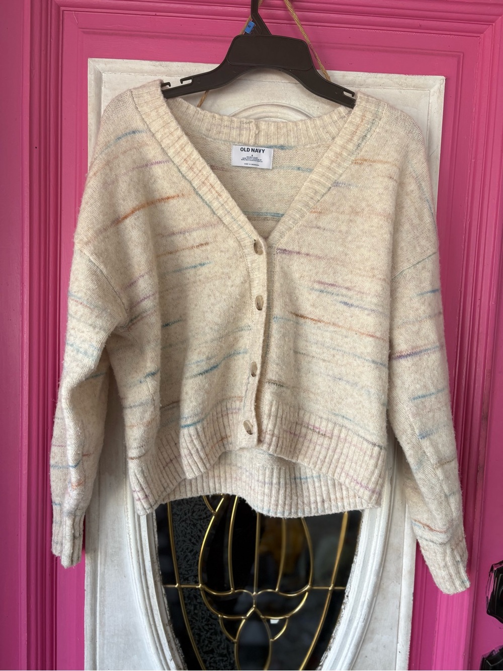 Old Navy Cream Cardigan with Subtle Pastel Stripes